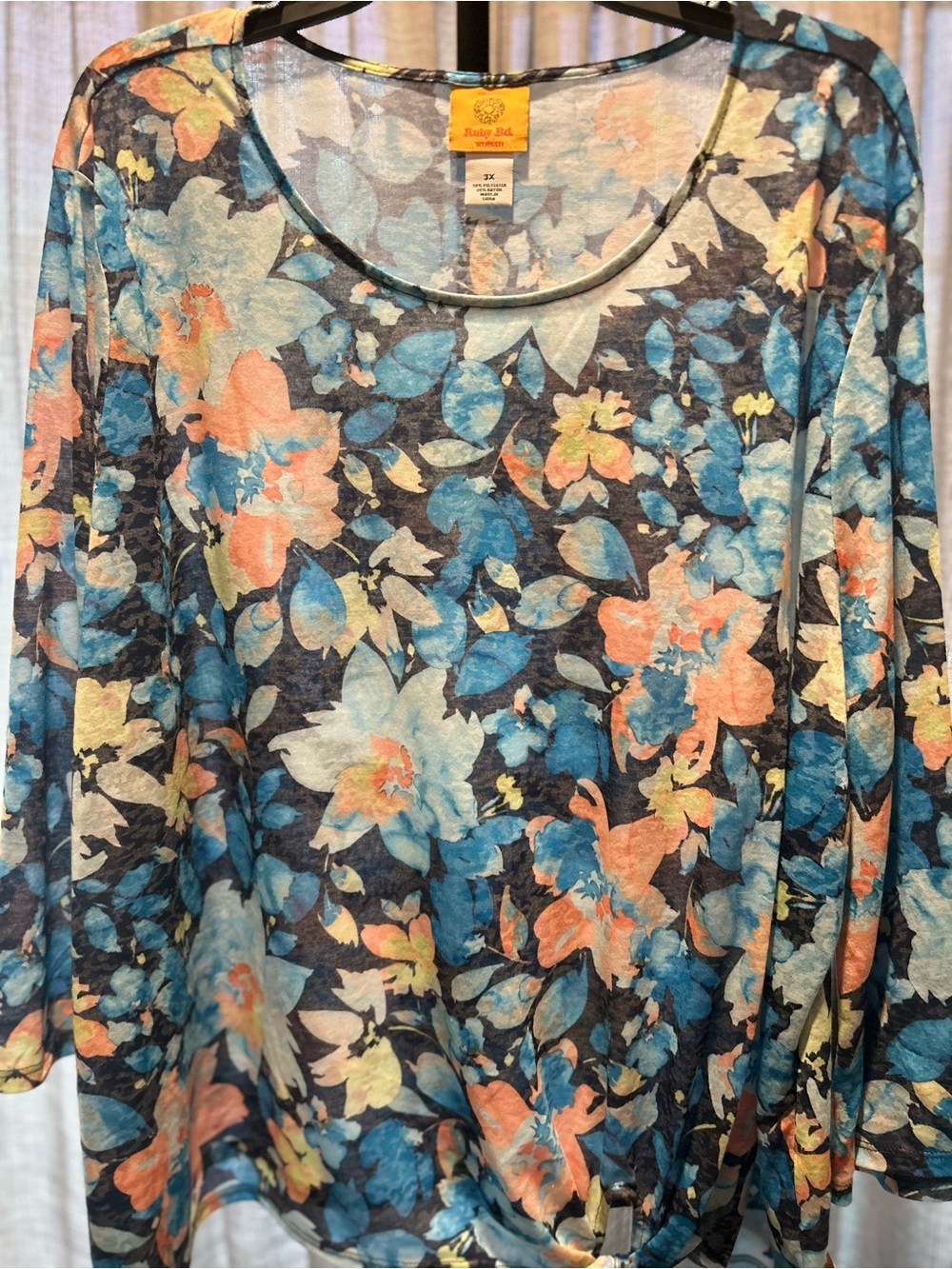 Ruby Rd. Floral Scoop-Neck Tunic in Blue, Coral & Yellow